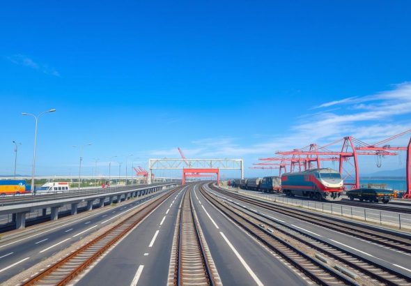 Infrastruktur transportasi modern dengan jalan, rel kereta, dan pelabuhan yang menunjukkan tugas sektor transportasi