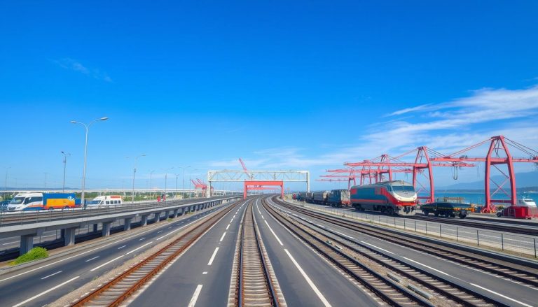 Infrastruktur transportasi modern dengan jalan, rel kereta, dan pelabuhan yang menunjukkan tugas sektor transportasi
