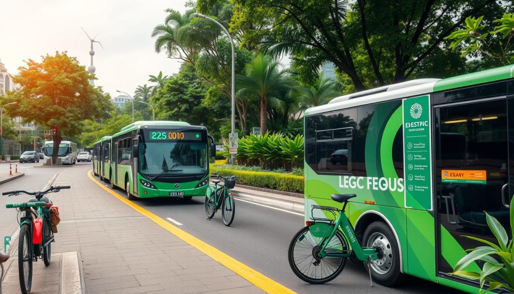 Kendaraan listrik dan transportasi umum ramah lingkungan yang menunjukkan inovasi dalam tugas sektor transportasi