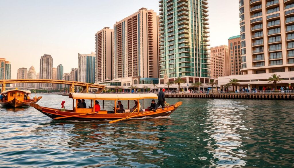 Abra tradisional melintasi Dubai Creek dengan latar belakang bangunan modern Abra tradisional melintasi Dubai Creek dengan latar belakang bangunan modern