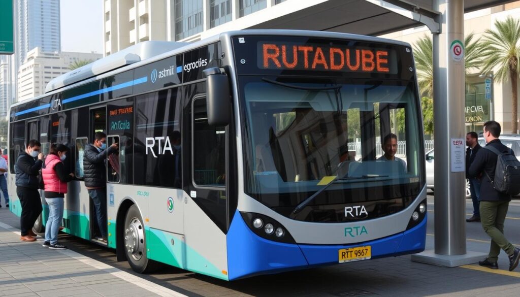 Bus RTA Dubai modern dengan penumpang di halte bus Bus RTA Dubai modern dengan penumpang di halte bus