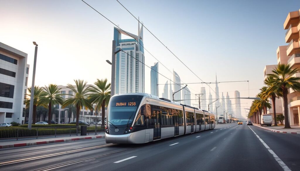 Dubai Tram melintasi jalan dengan gedung-gedung modern di sekitarnya Dubai Tram melintasi jalan dengan gedung-gedung modern di sekitarnya