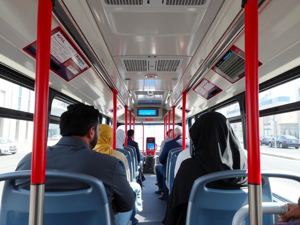 Interior bus Dubai dengan penumpang menggunakan kartu Nol Interior bus Dubai dengan penumpang menggunakan kartu Nol