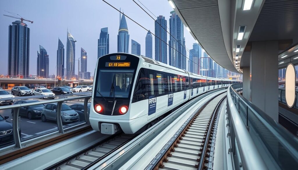 Kereta Dubai Metro melintasi jalur dengan pemandangan kota di latar belakang Kereta Dubai Metro melintasi jalur dengan pemandangan kota di latar belakang