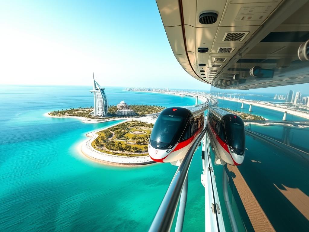 Palm Monorail melintasi Palm Jumeirah dengan pemandangan laut Palm Monorail melintasi Palm Jumeirah dengan pemandangan laut