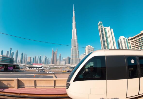 Panorama sistem transportasi di Dubai dengan metro dan gedung pencakar langit
