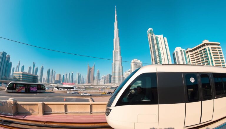 Panorama sistem transportasi di Dubai dengan metro dan gedung pencakar langit