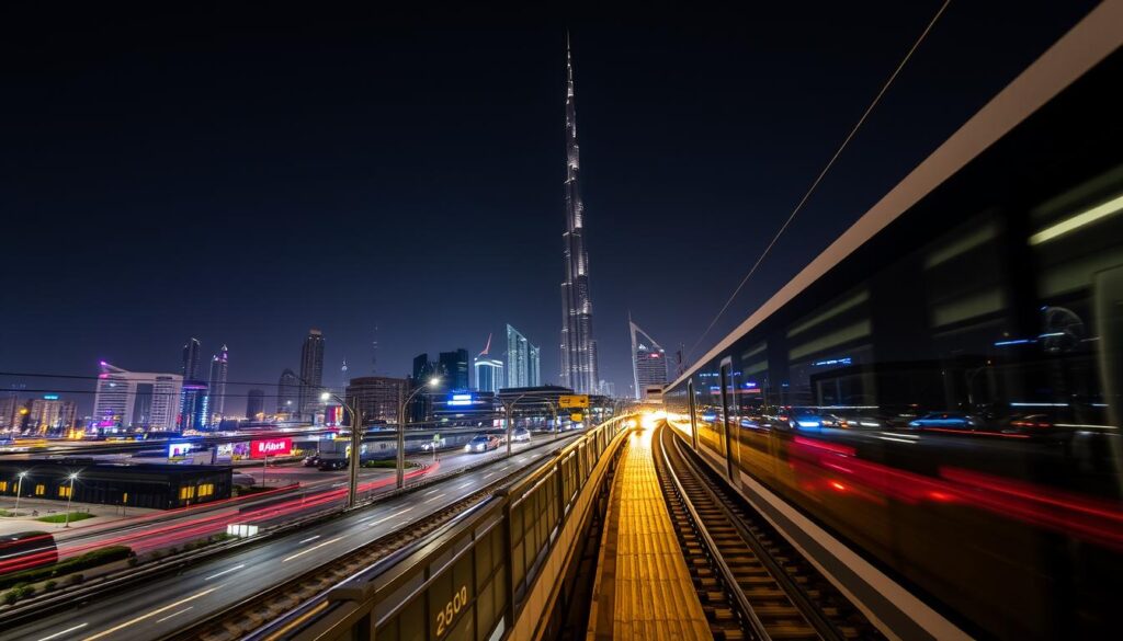 Pemandangan malam sistem transportasi di Dubai dengan cahaya kota Pemandangan malam sistem transportasi di Dubai dengan cahaya kota