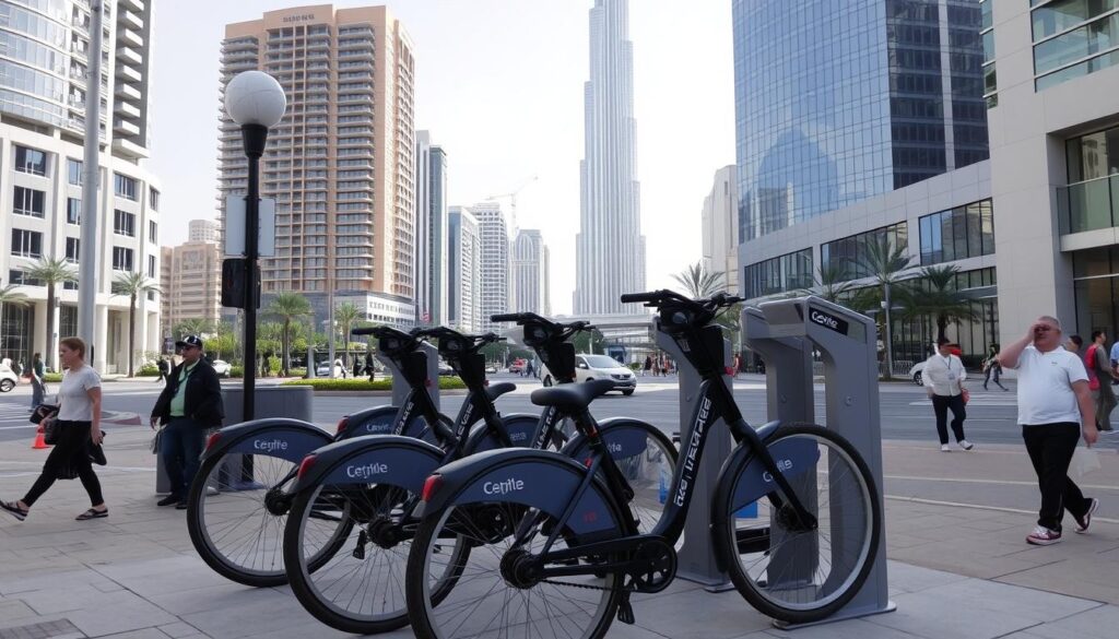 Sepeda sewaan di area Downtown Dubai dengan Burj Khalifa di latar belakang Sepeda sewaan di area Downtown Dubai dengan Burj Khalifa di latar belakang