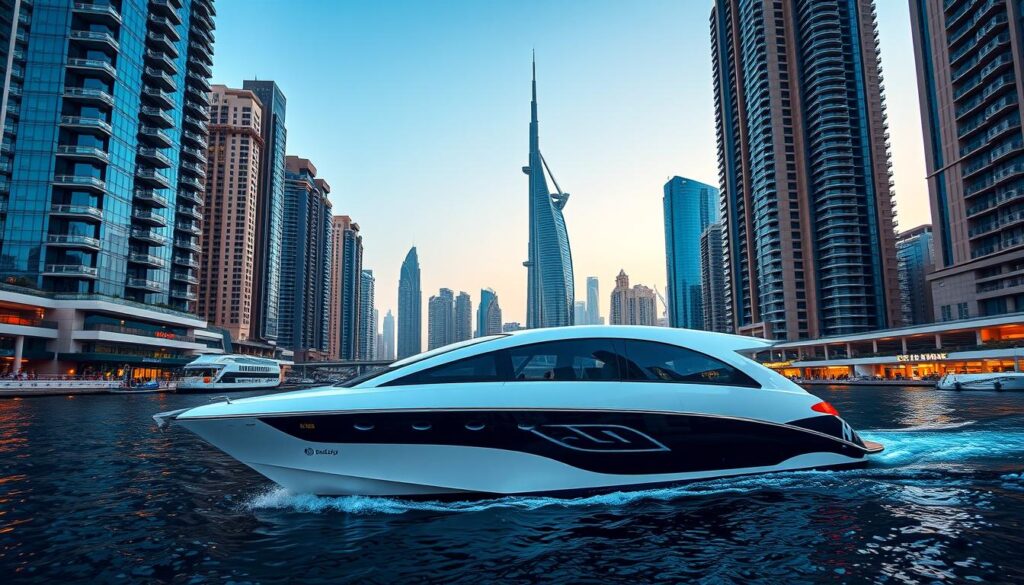 Taksi air modern di Dubai Marina dengan gedung pencakar langit Taksi air modern di Dubai Marina dengan gedung pencakar langit