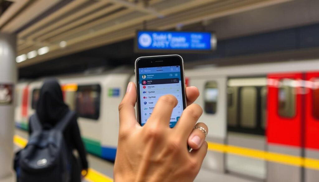 Wisatawan menggunakan aplikasi transportasi Dubai di smartphone Wisatawan menggunakan aplikasi transportasi Dubai di smartphone